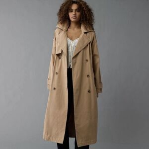 American Eagle Twill Long Trench Coat Women’s Large Belted Beige Jacket Preppy